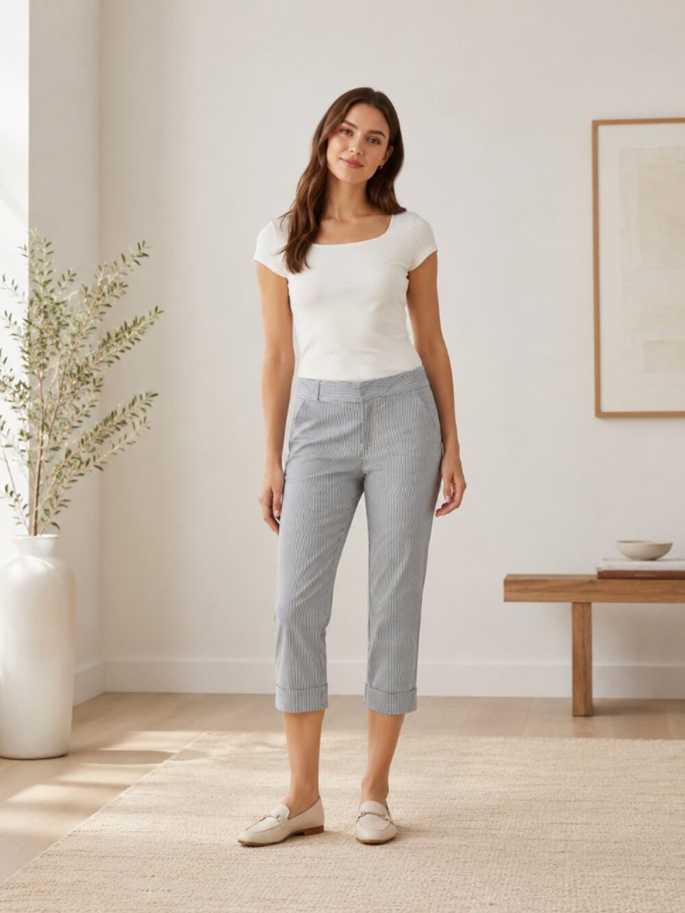 Vince Cropped Pinstripe Pants Size 6 Cotton Stretch Cuffed Capri Trousers